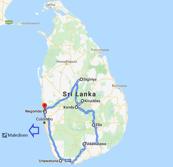 Sri Lanka en Malediven kaart